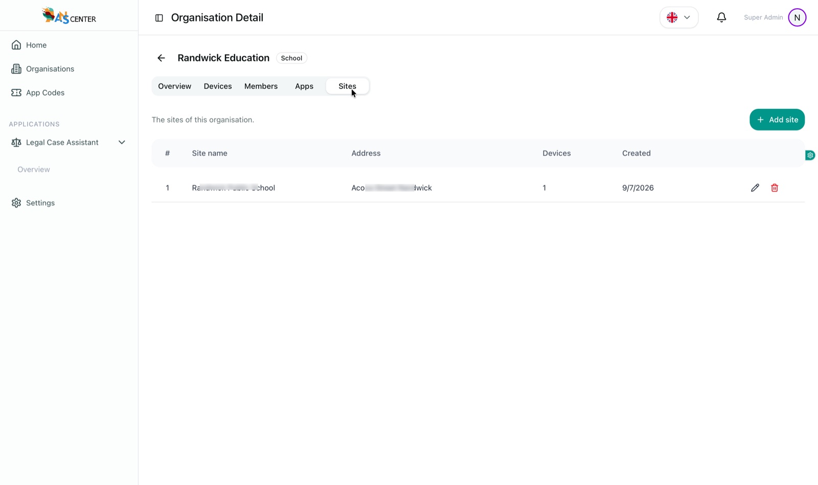 Sites tab of an organisation listing a school site with address, device count and created date