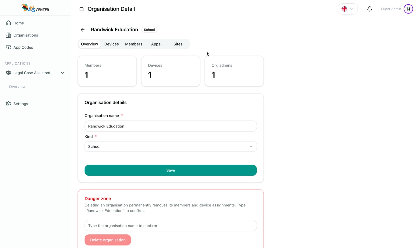 Organisation detail overview tab showing member, device and org-admin counts, editable details and a guarded danger zone