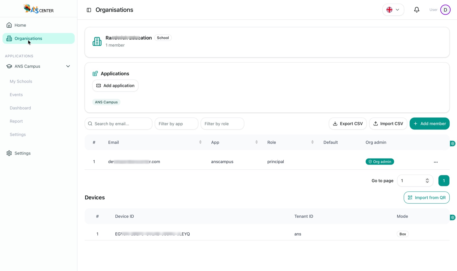 ANSCMS organisation view — applications, members with roles and assigned devices for a school organisation