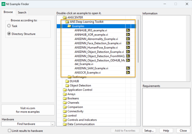 The NI Example Finder listing the ANS Deep Learning Toolkit ready-to-run example VIs.