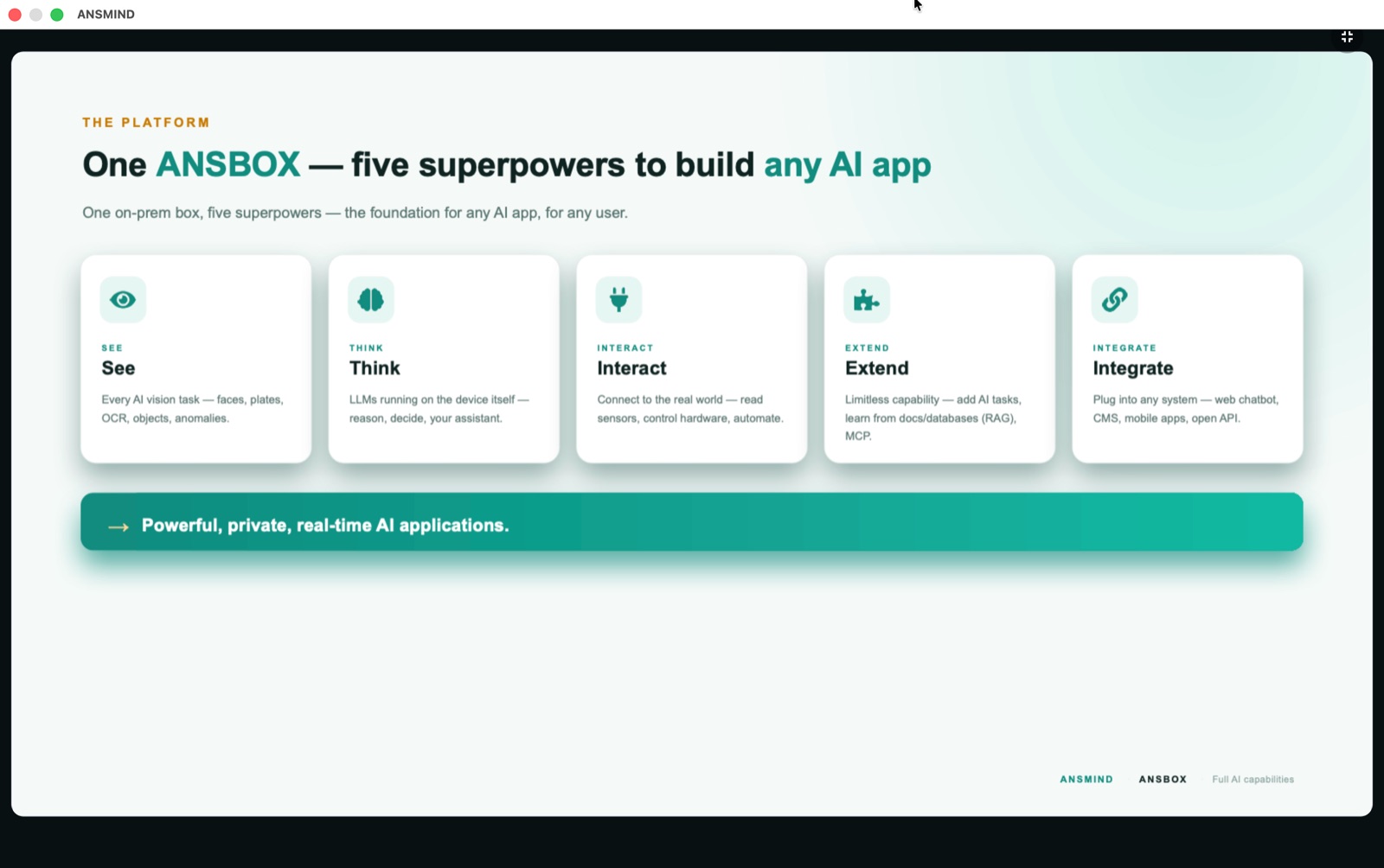 Presenter app showing a slide titled One ANSBOX — five superpowers to build any AI app