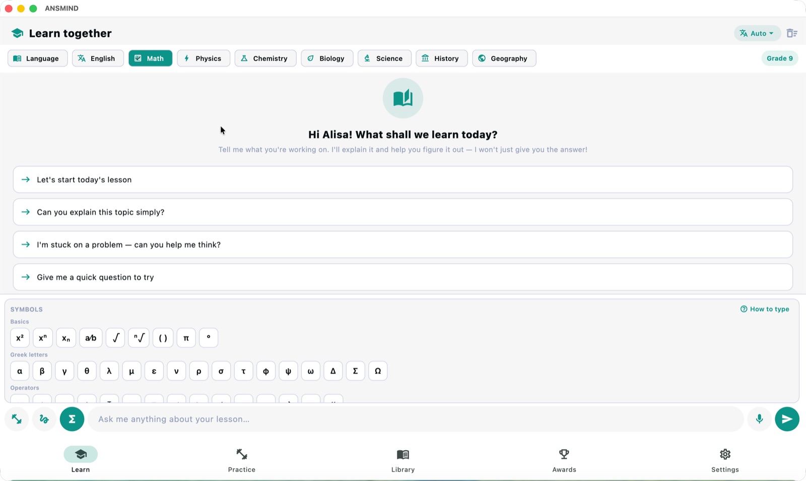 Study Buddy home — subject tabs from Language to Geography, grade selector and math symbol keyboard