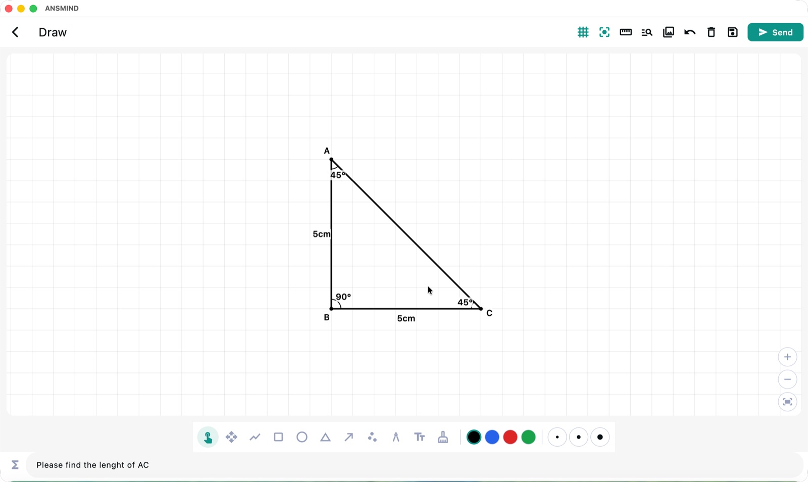 Study Buddy drawing canvas with a hand-drawn right triangle and the question please find the length of AC