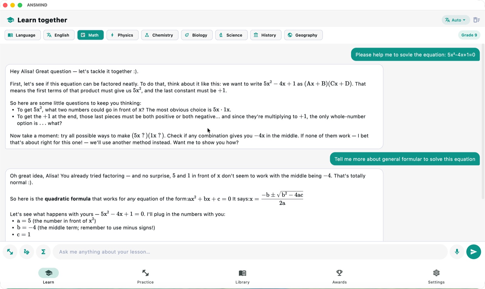 Study Buddy tutoring a quadratic equation step by step with rendered math, guiding rather than answering