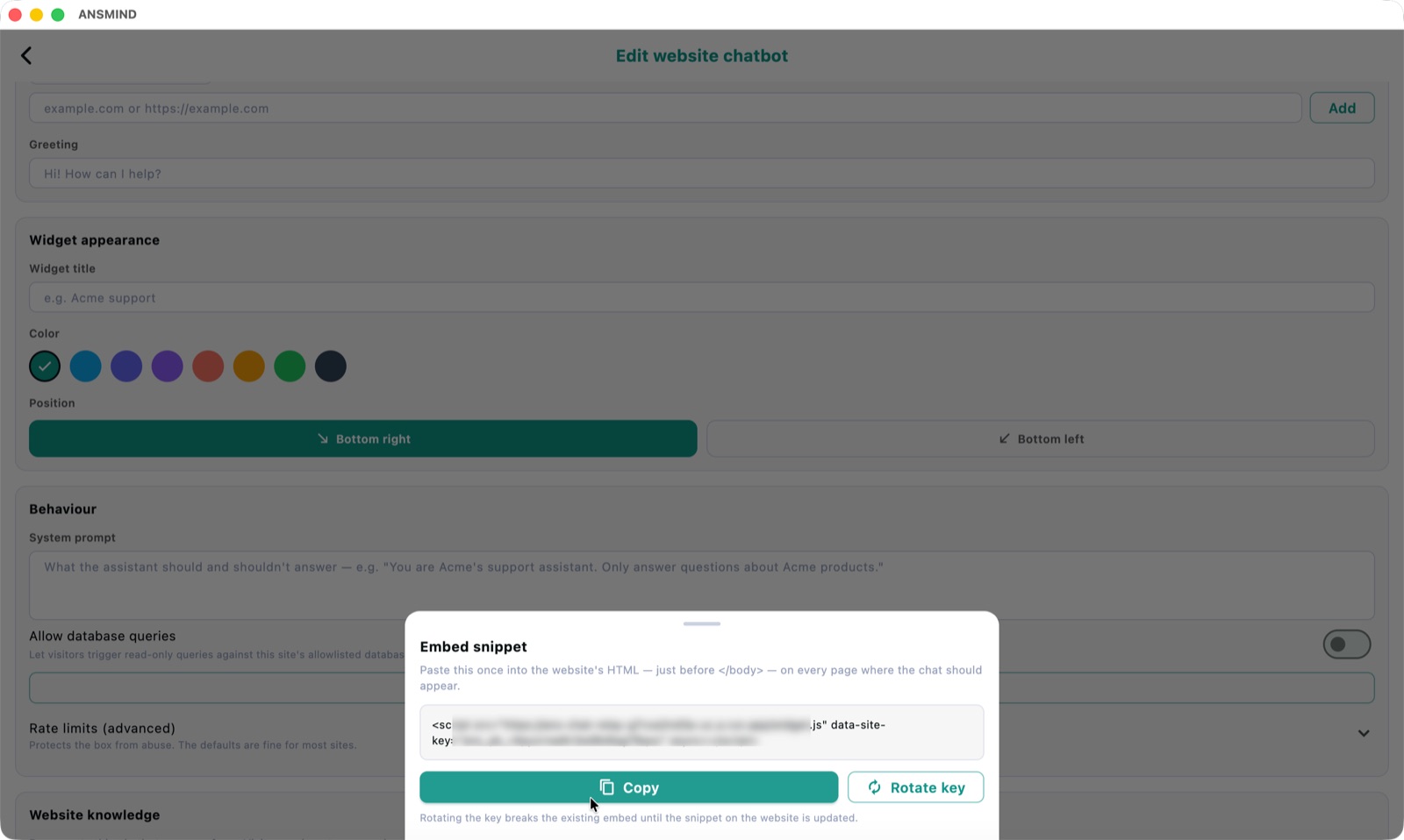 Embed snippet dialog for the website chatbot with copy button and rotate key