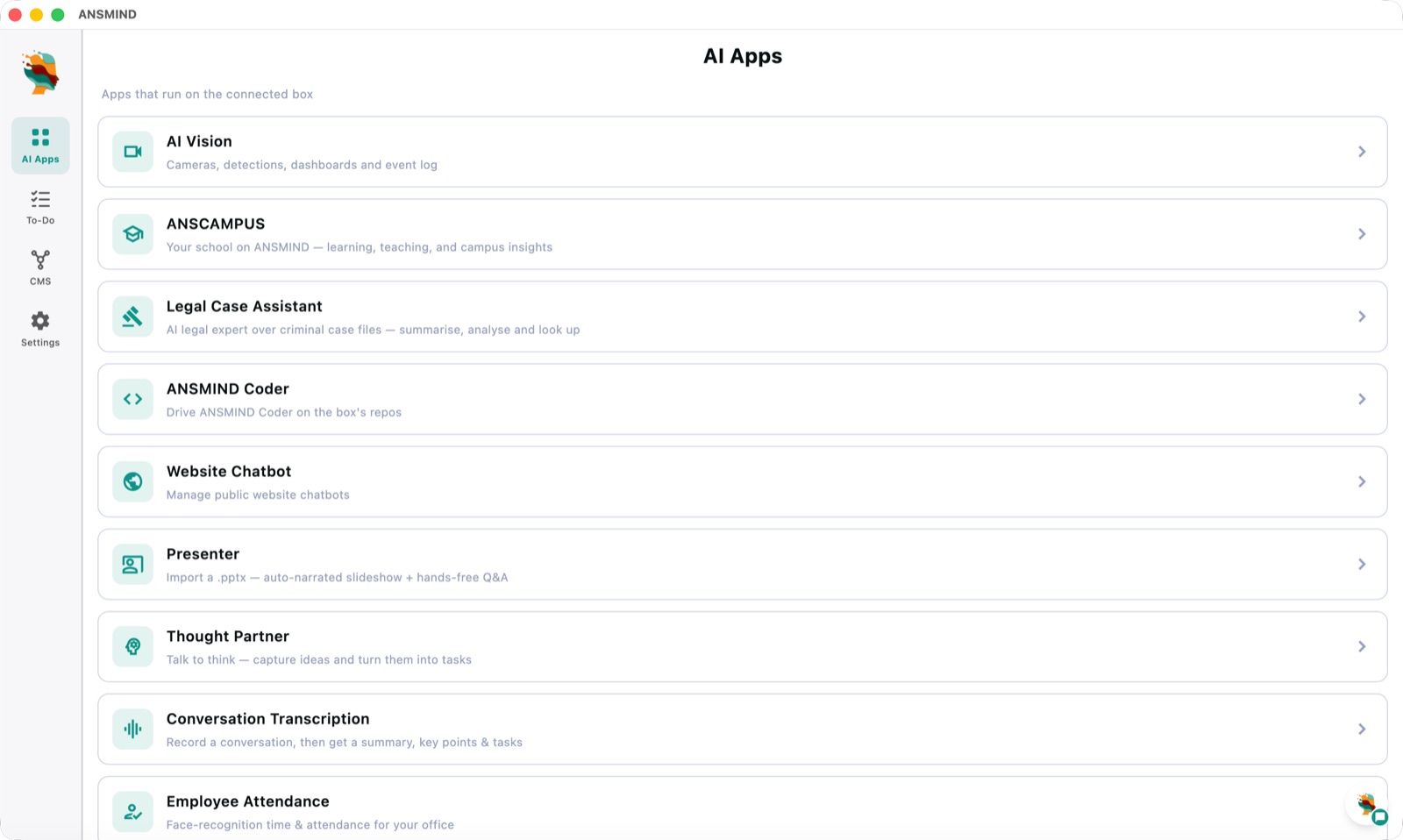 AI Apps catalogue on ANSMIND — AI Vision, ANSCAMPUS, Legal Case Assistant, ANSMIND Coder, Website Chatbot, Presenter and more