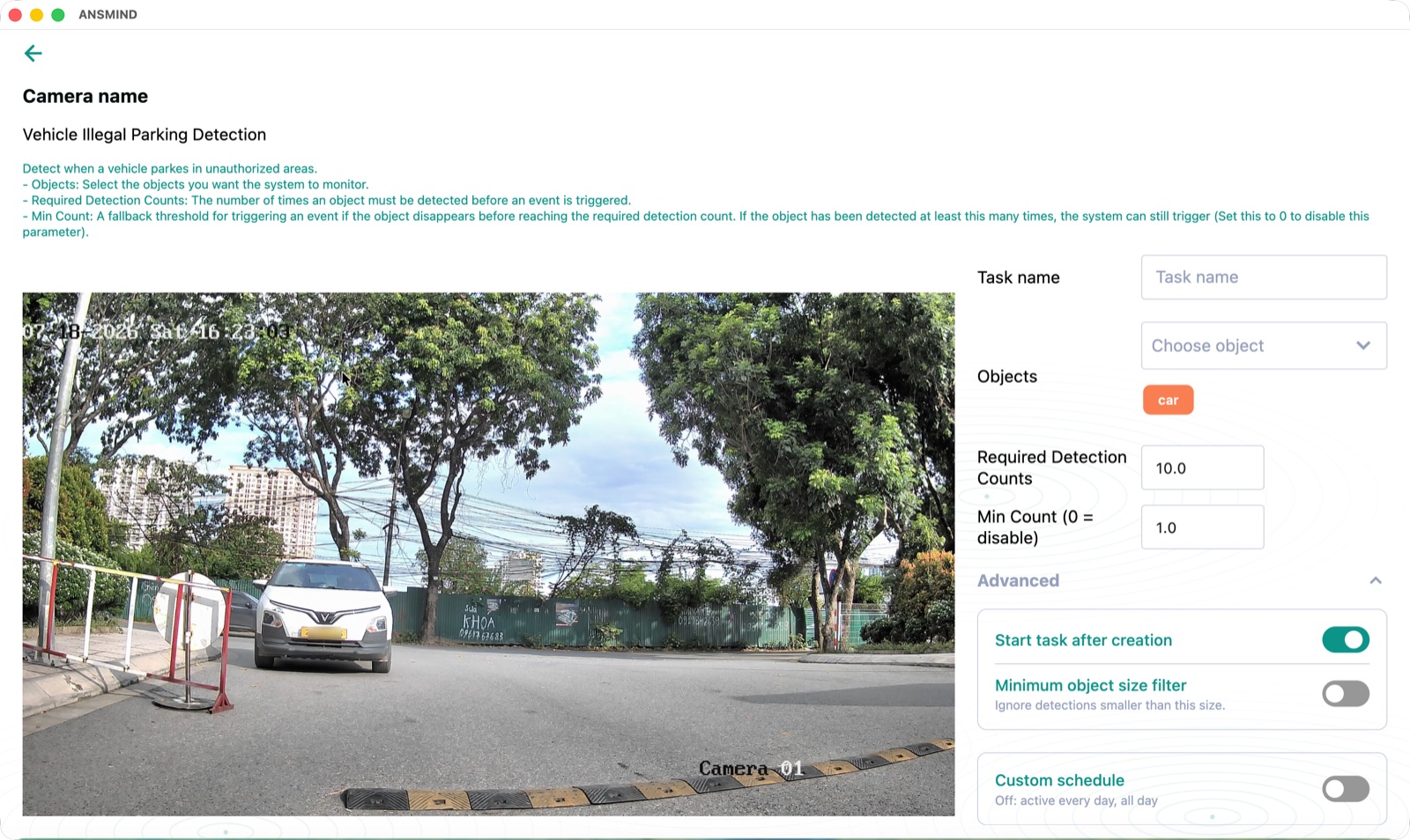 Task creation for vehicle illegal parking detection — choose objects, detection counts, schedule and advanced options
