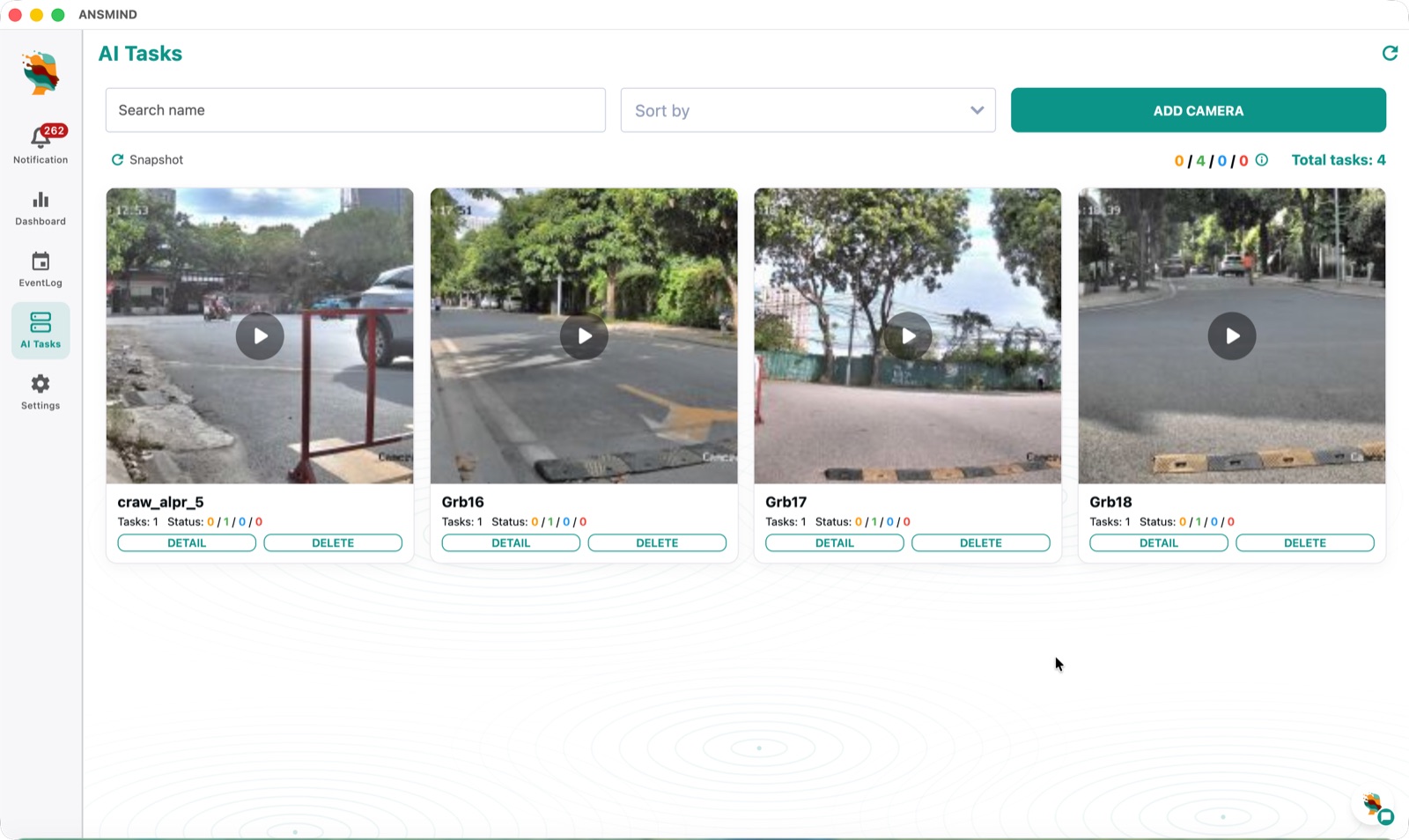 AI Tasks screen — camera cards each with task counts and status, plus an Add Camera button