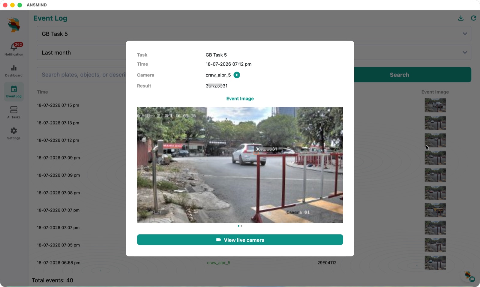 Event log detail — a plate detection with time, camera, result and event image, with a jump to the live camera