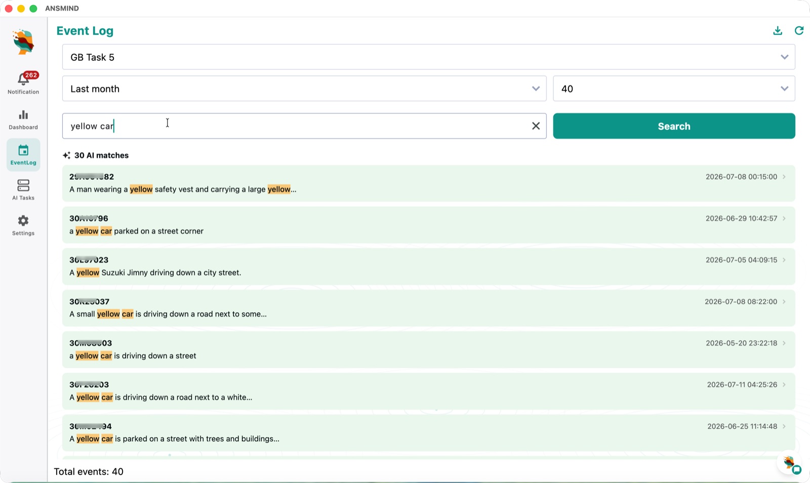 Event log searched with the phrase yellow car, returning 30 AI-matched events with highlighted descriptions