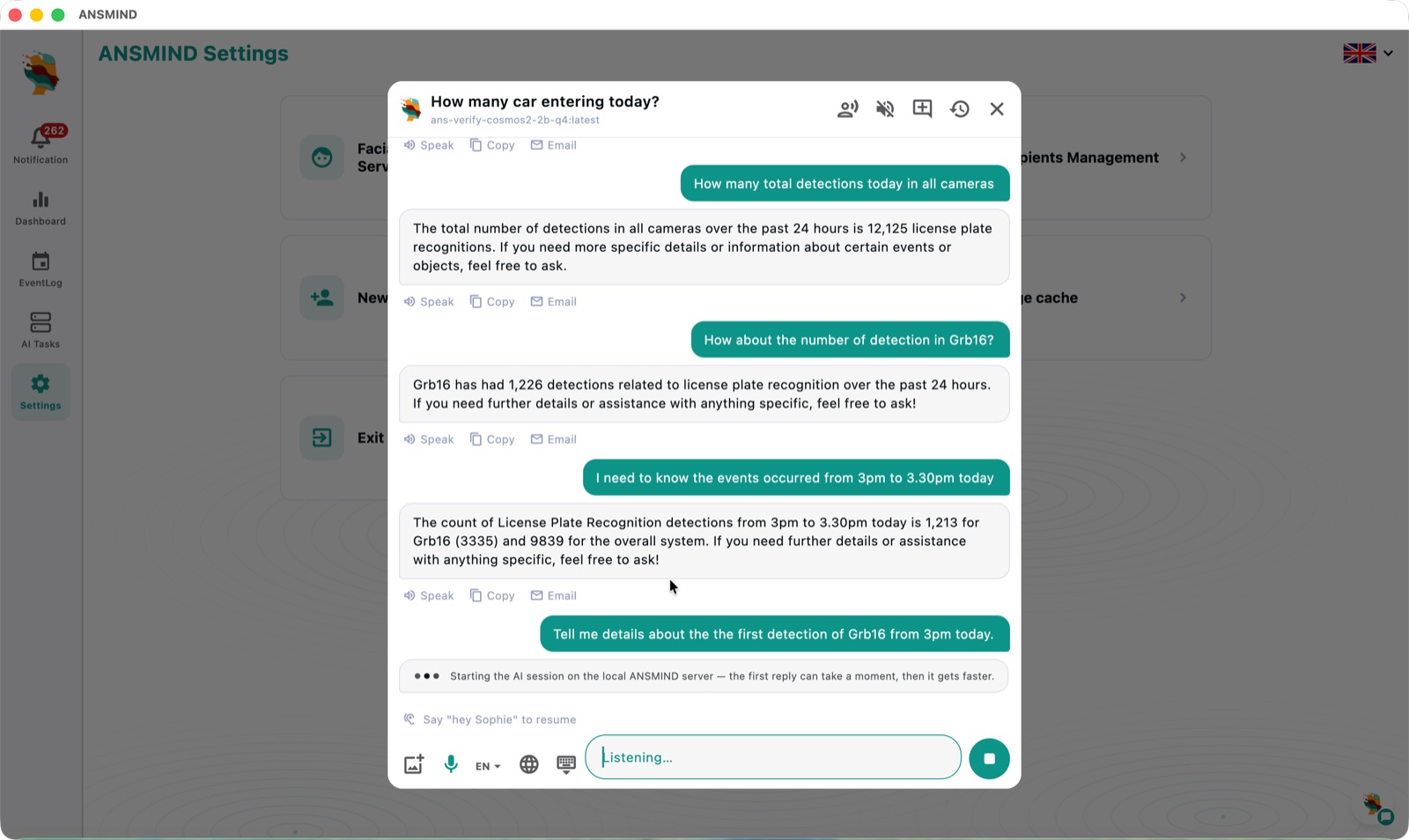 ANSMIND chat answering questions such as how many total detections today in all cameras — with voice input