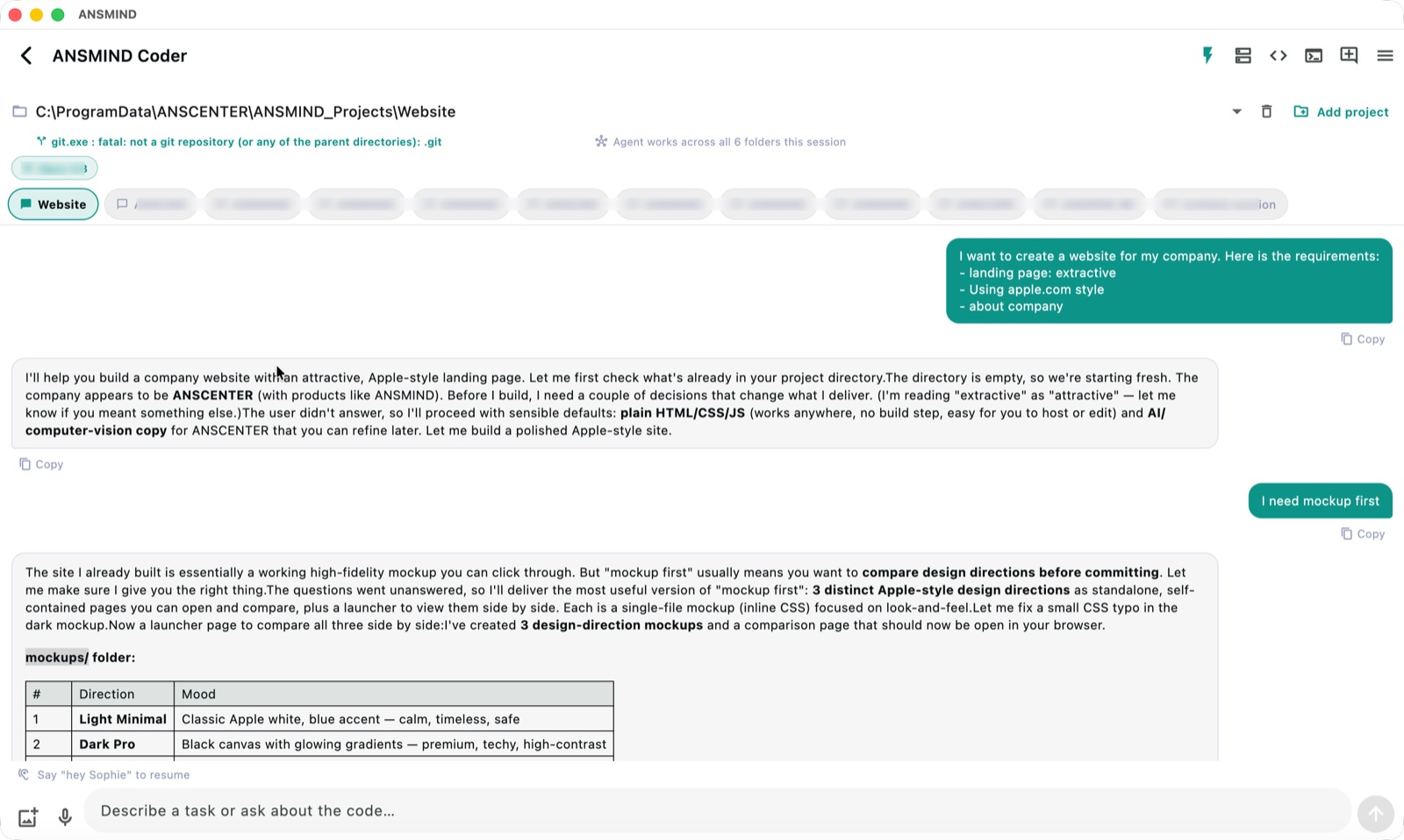 ANSMIND Coder chat — a user asks for a company website in apple.com style and the agent builds mockups and pages, working across all six project folders