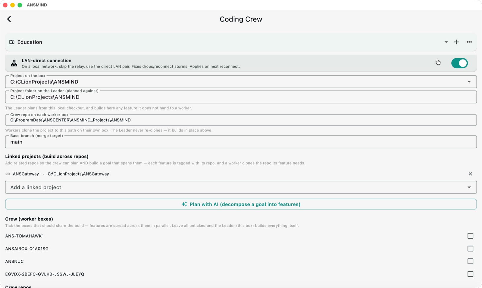 Coding Crew setup — LAN-direct connection toggle, project on the box, crew repo path, base branch, linked projects and a list of worker boxes to tick