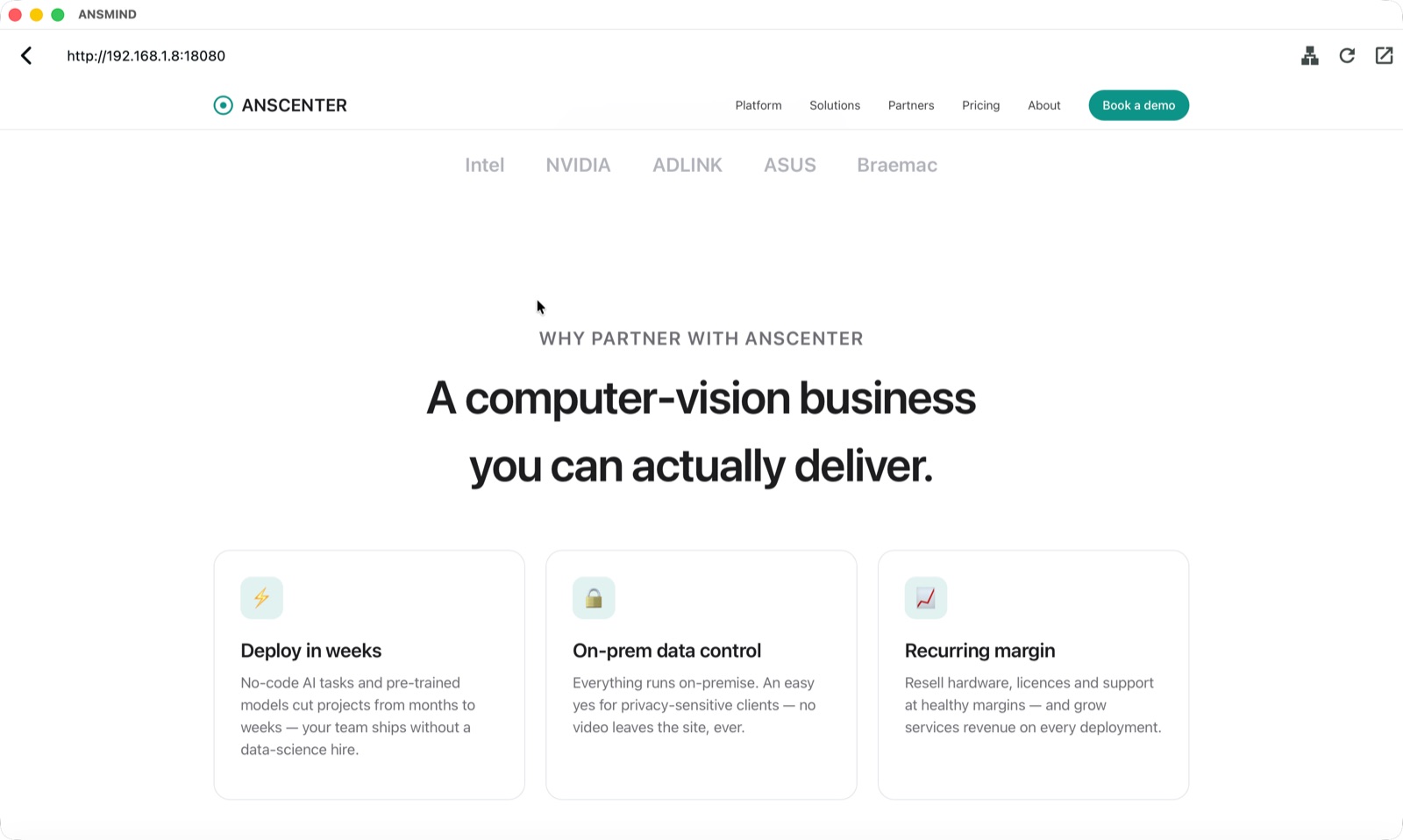 In-app browser preview of the freshly deployed website served from the box on the local network