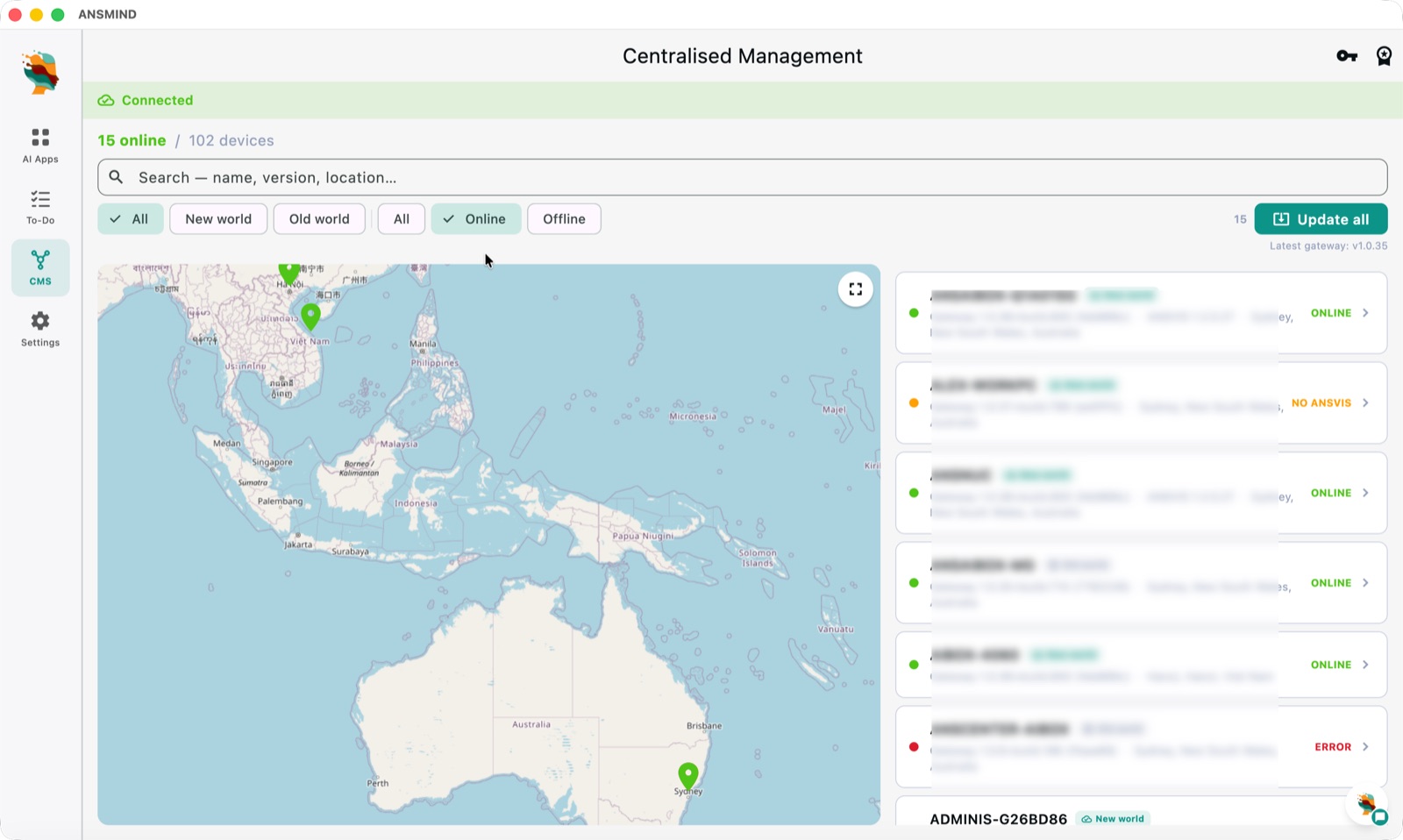 Centralised management — 102 devices online on a map with per-device status and one-click update all
