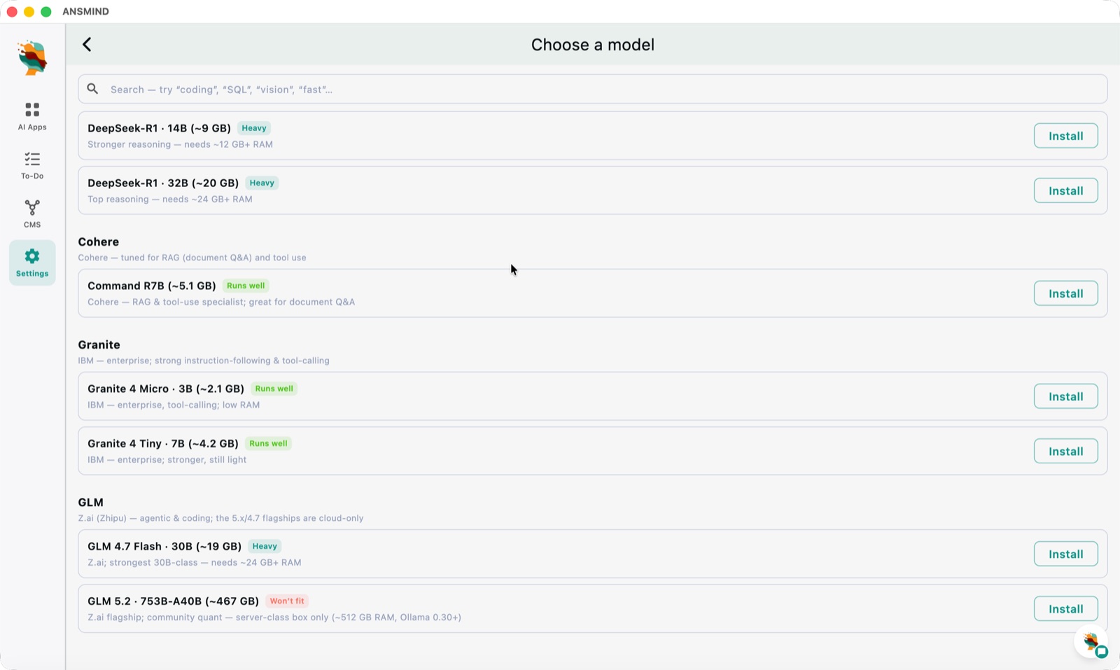 Choose a model screen — DeepSeek-R1, Cohere Command R7B, IBM Granite and GLM models with RAM guidance and install buttons