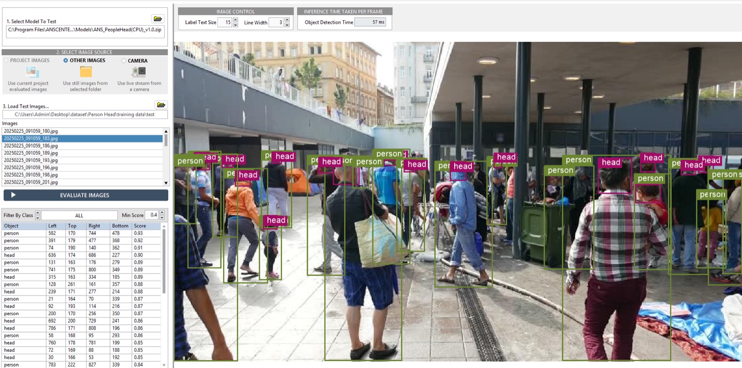 ANSTS model-testing screen running inference on new images with detections and confidence scores.