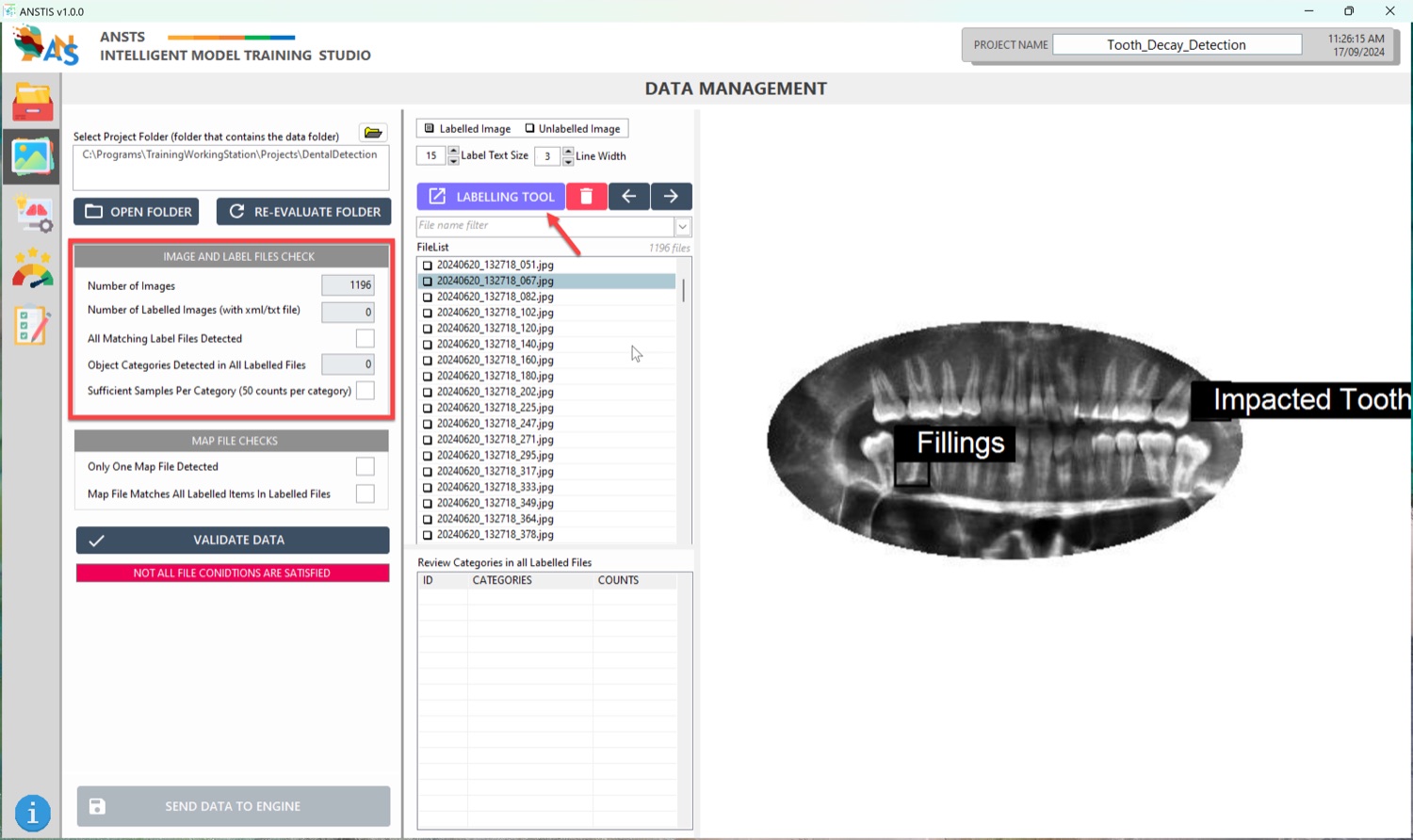 ANSTS data-management screen validating a dataset with per-category sample counts.