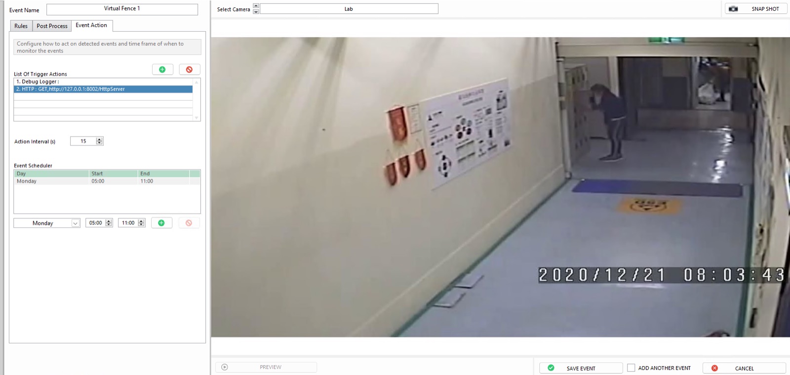 ANSVIS virtual fence event with trigger actions, action interval and a weekly schedule