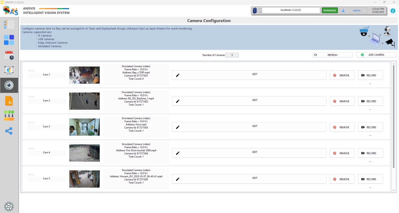 ANSVIS Camera Configuration listing IP, USB, onboard and simulated cameras added to the server.