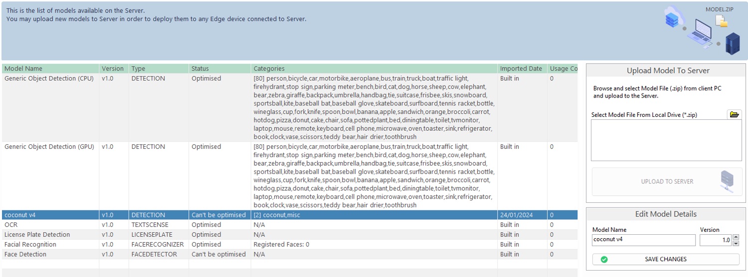 ANSVIS Model page listing built-in detection, OCR, licence-plate and facial-recognition models.