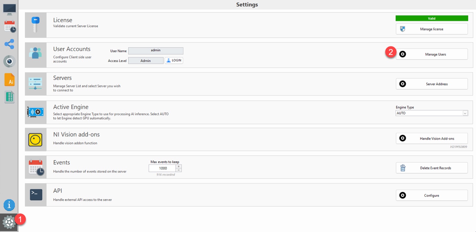 ANSVIS Settings page — license, user accounts, servers, active engine, event storage and API access.