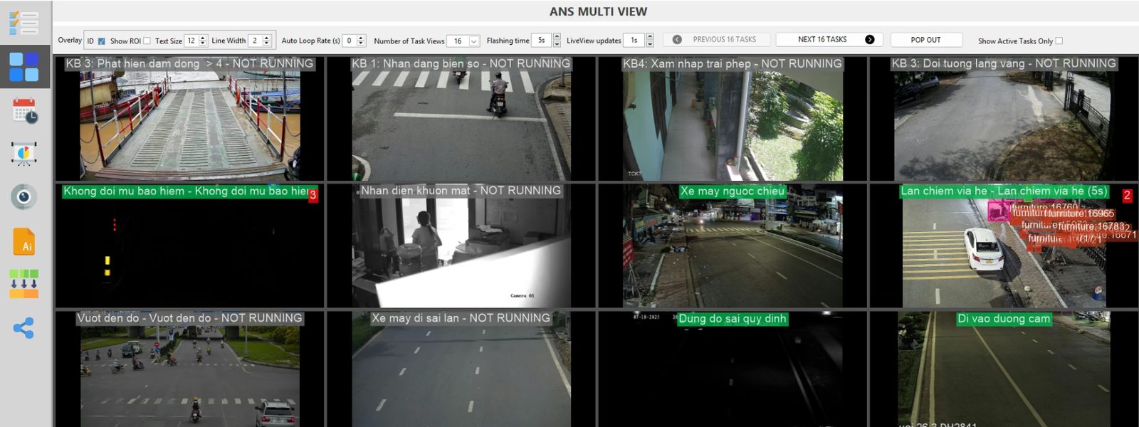 ANSVIS Multi View — twelve live camera feeds each running a different AI task across traffic and security scenes.