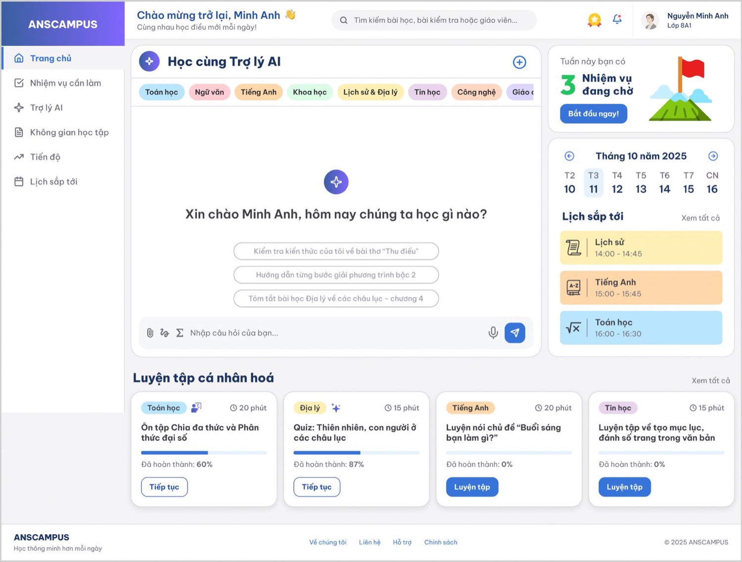 ANSCAMPUS learning dashboard — an AI tutor with subject tabs, suggested prompts, a weekly schedule and personalized practice for a student.