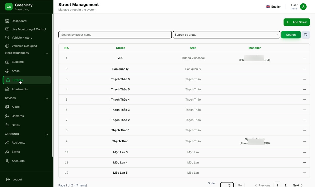 Street management screen with streets, their area and a manager